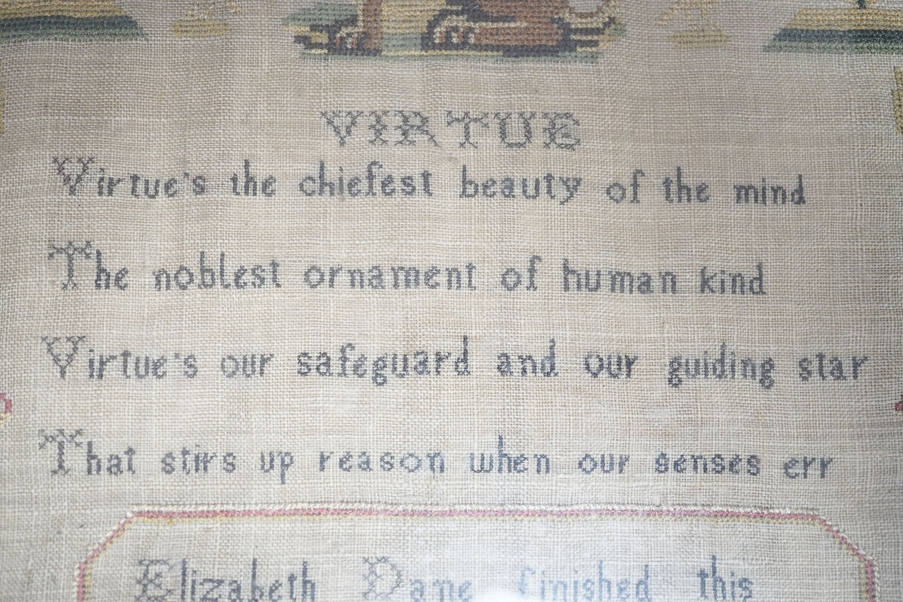 A George IV sampler dated August 12th 1828 titled ‘Virtue’ by Elizabeth Dane, framed 35x27cm